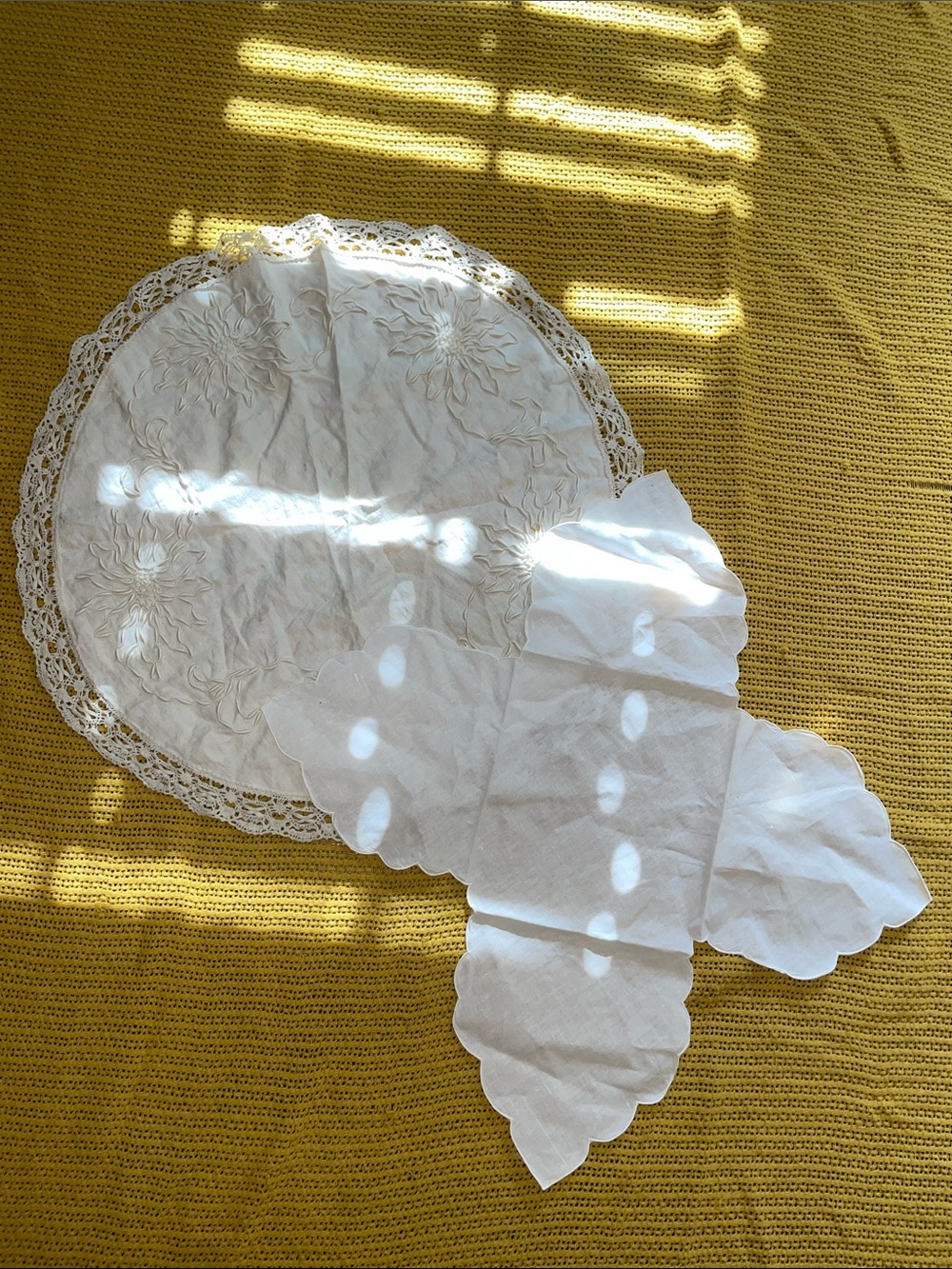2 Vintage White Scalloped Embroidered Linen Doilies - Elegant Table Accents